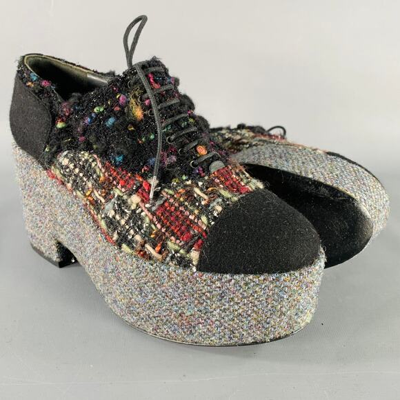 CHANEL Size 6.5 Black Red Grey Tweed Platform Oxford Flats - Picture 5 of 9
